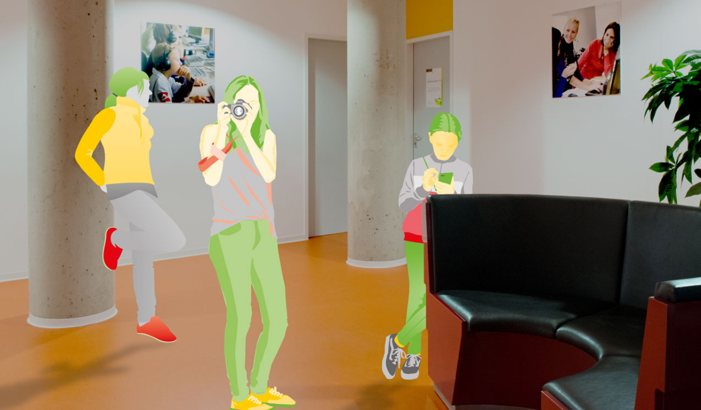 Kinder machen Medien in der Stiftung Drei Kinder oder Jugendliche stehen im Stiftungsflur.